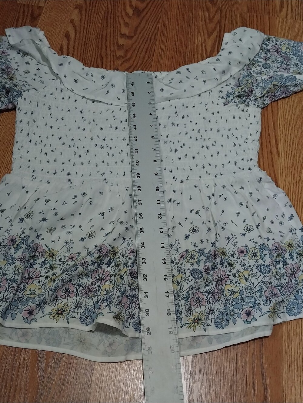 Maurices Floral Off-Shoulder Top Women Size XL Smocked Peplum Blouse White Black - Picture 11 of 13